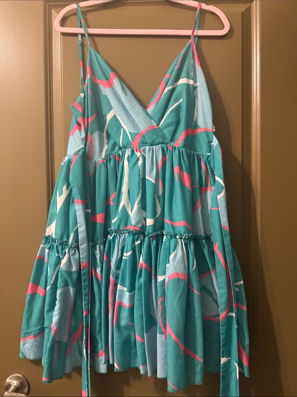 Teal Floral-Print Tiered Mini Dress with Pink Accents